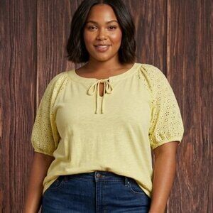 PerSeption Women Yellow Blouse Eyelet Sleeve‎ Boho Plus Size 1X